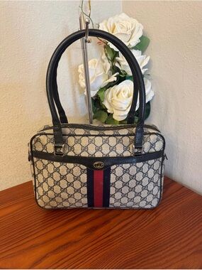 Gucci Beige Monogram Shoulder Bag with Navy and Red Web Stripe